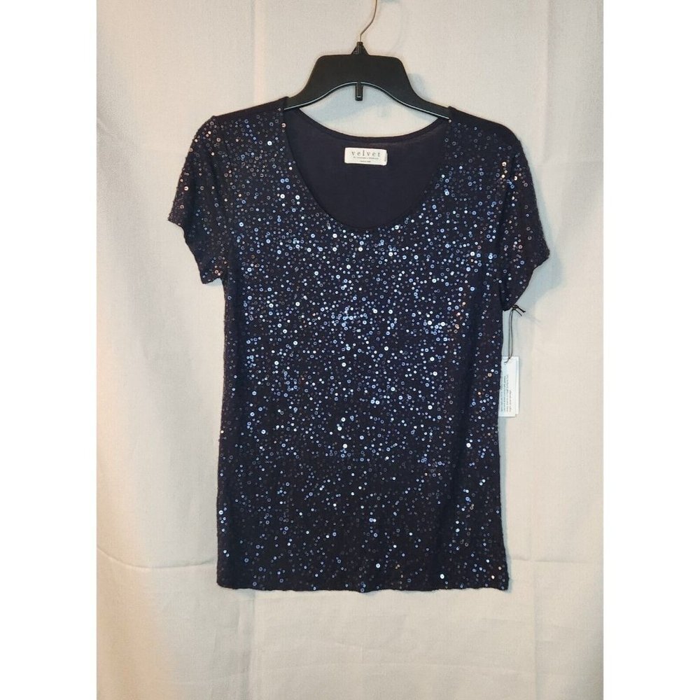 Velvet by Graham Spencer Sequin Knit Top Size Small Navy Blue Short Sleeves